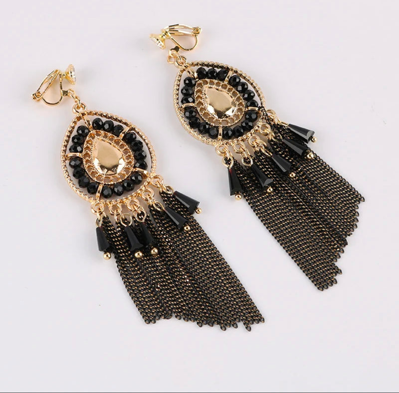 Clip on 3 3/4" Xlong gold and black bead chain dangle earrings