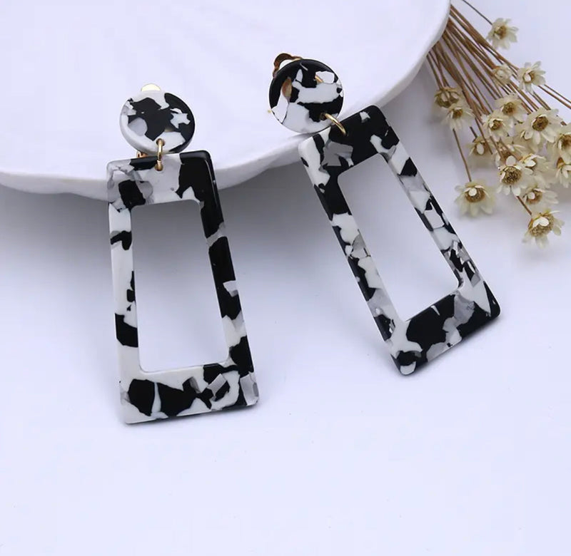 Clip on 2 1/2" plastic silver, black and white long square earrings