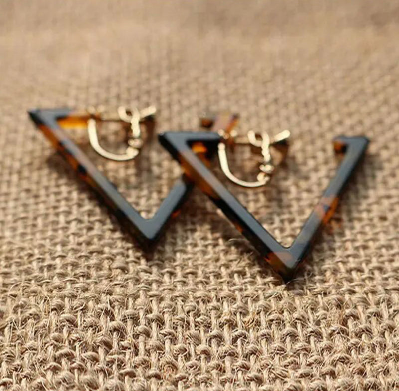 Clip on 1 3/4" gold and brown triangle open back earrings