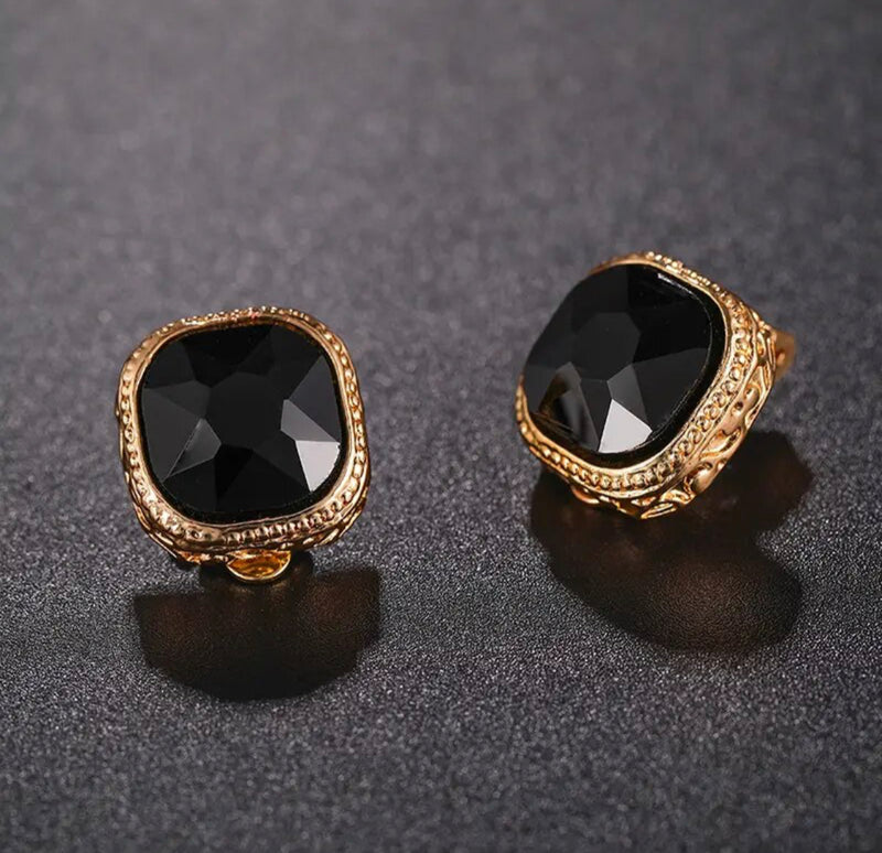 Clip on 1/2" small gold and black square stone button style earrings