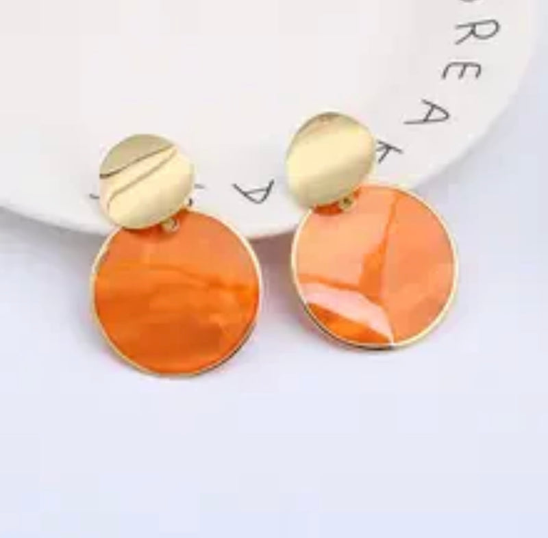 Clip on 2" gold and orange shell double circle earrings