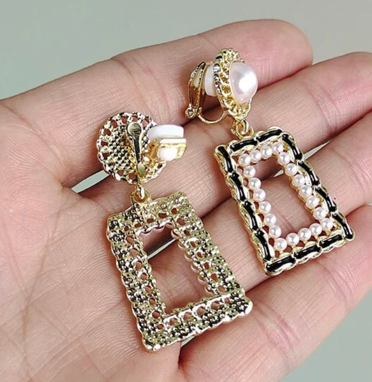 Clip on 1 3/4" gold, pearl earrings w/dangle black ribbon square