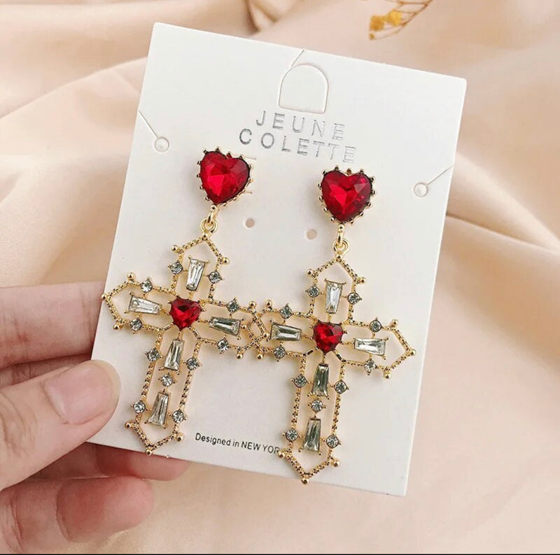 Vintage 2 3/4" clip on gold red and clear stone cross earrings