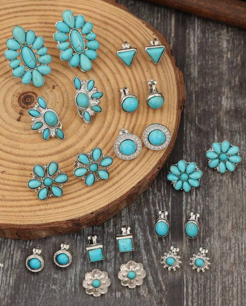 ONE PAIR-Clip on small silver & turquoise stone earrings in several designs