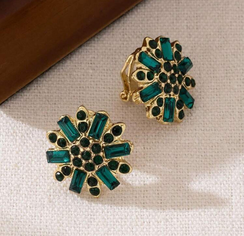 Clip on 3/4" small gold and green square and round stone earrings