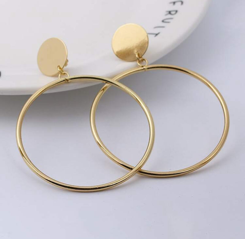 Trendy 2 3/4" clip on lightweight gold flat top dangle hoop earrings