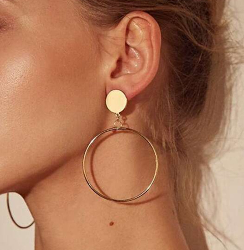 Trendy 2 3/4" clip on lightweight gold flat top dangle hoop earrings