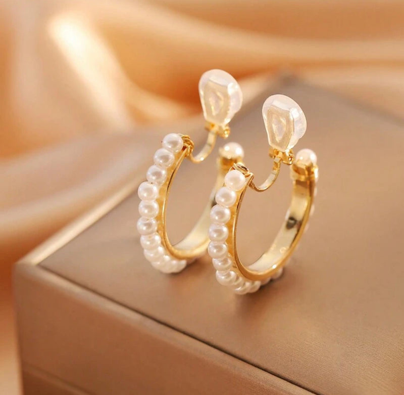 Clip on 1 1/4" gold and white pearl hoop earrings