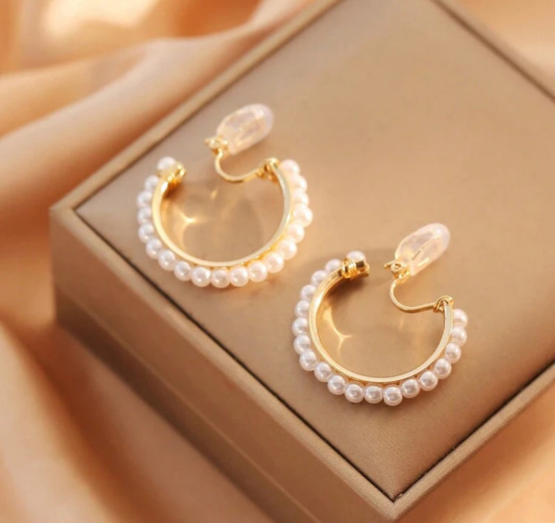 Clip on 1 1/4" gold and white pearl hoop earrings