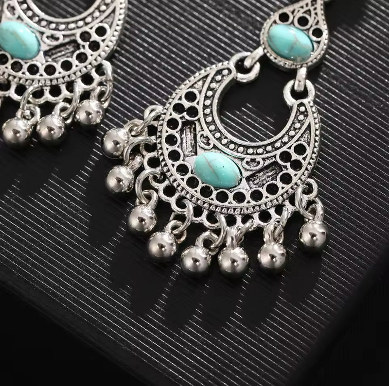 Clip on 2 1/4" silver and turquoise stone dangle ball earrings