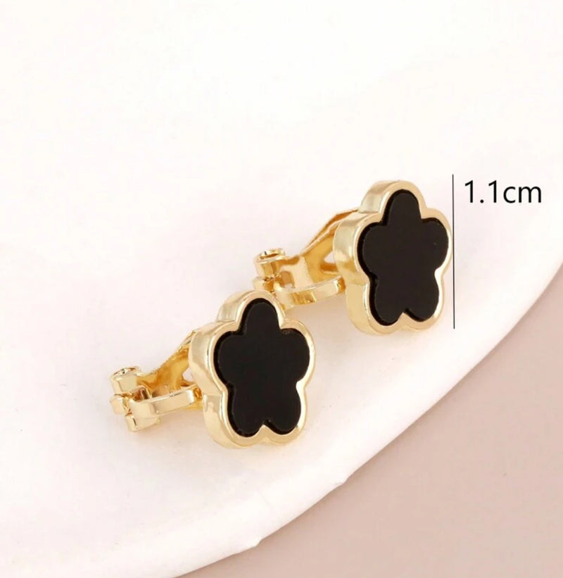 Clip on 1/2" small gold and black stone round edge button style earrings