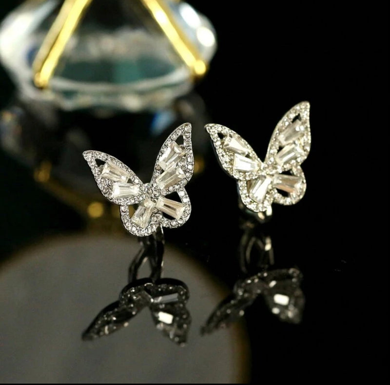 Clip on 3/4" silver and clear stone butterfly button earrings