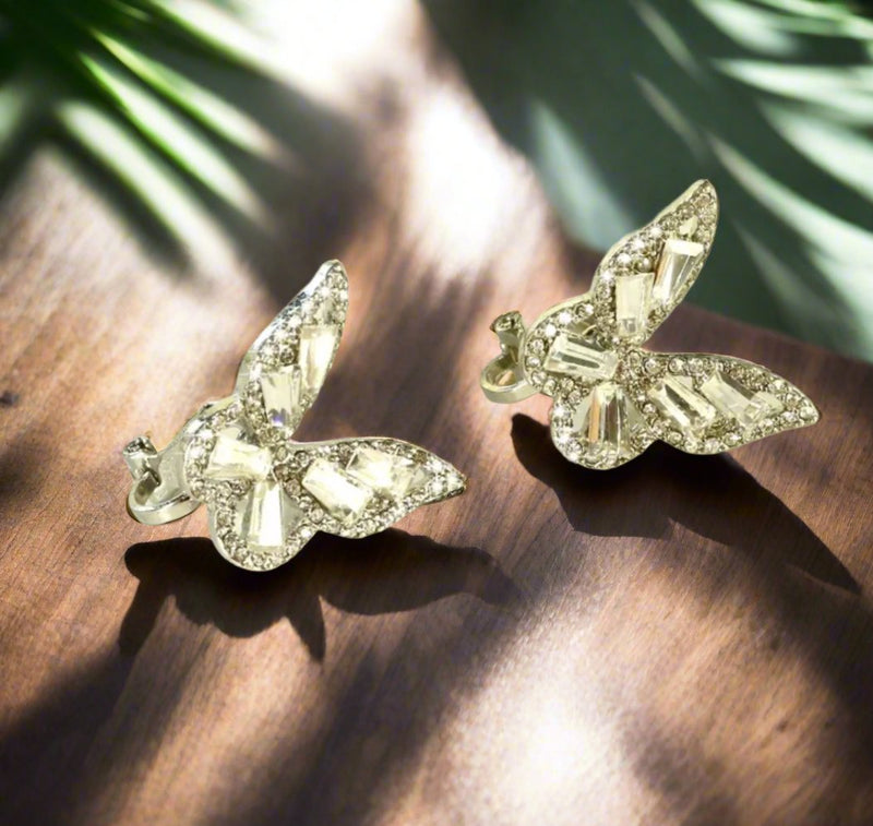 Clip on 3/4" silver and clear stone butterfly button earrings