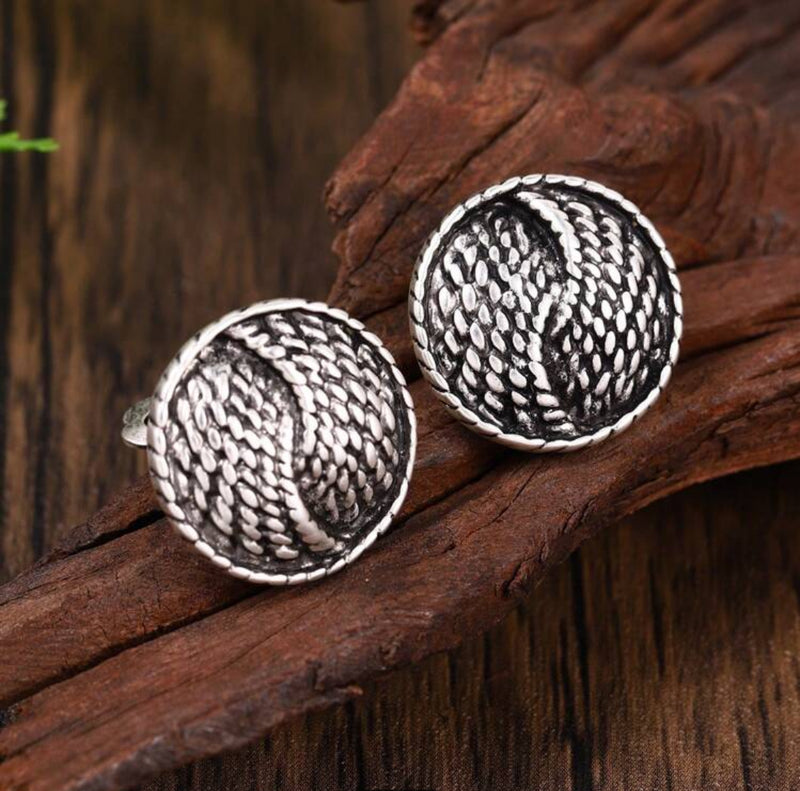 Clip on 1" antique silver round rope design button style earrings