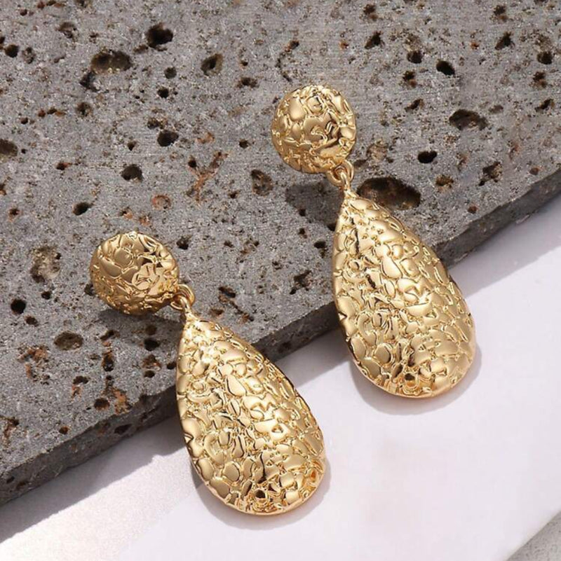 Clip on 2" gold hammered dangle teardrop earrings