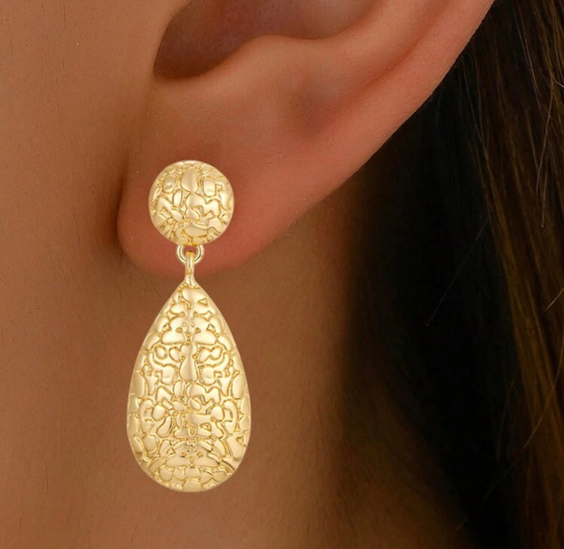 Clip on 2" gold hammered dangle teardrop earrings