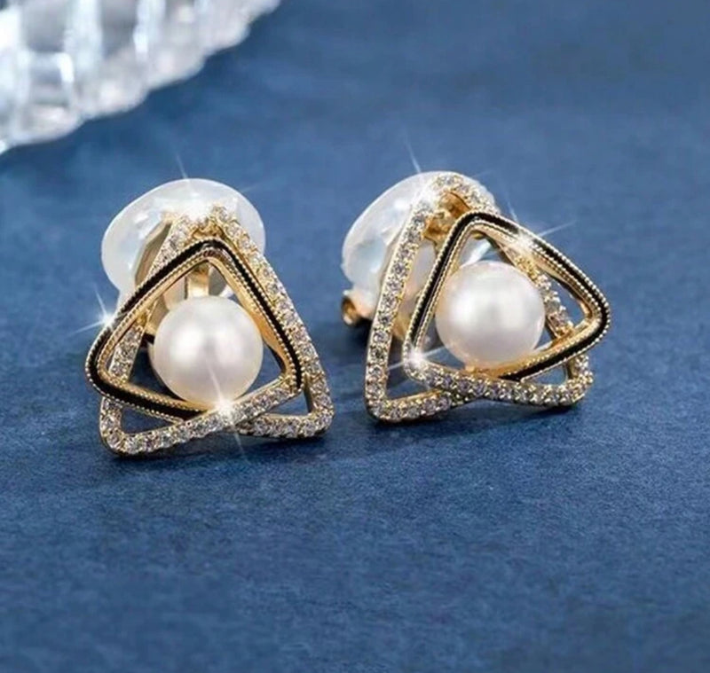 Clip on 3/4" gold, black and clear stone white pearl button style earrings