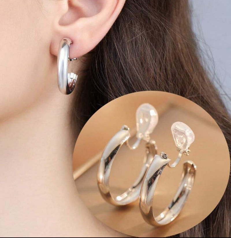 Trendy 1 1/4" clip on shiny gold hoop earring