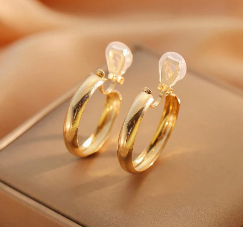 Trendy 1 1/4" clip on shiny gold hoop earring