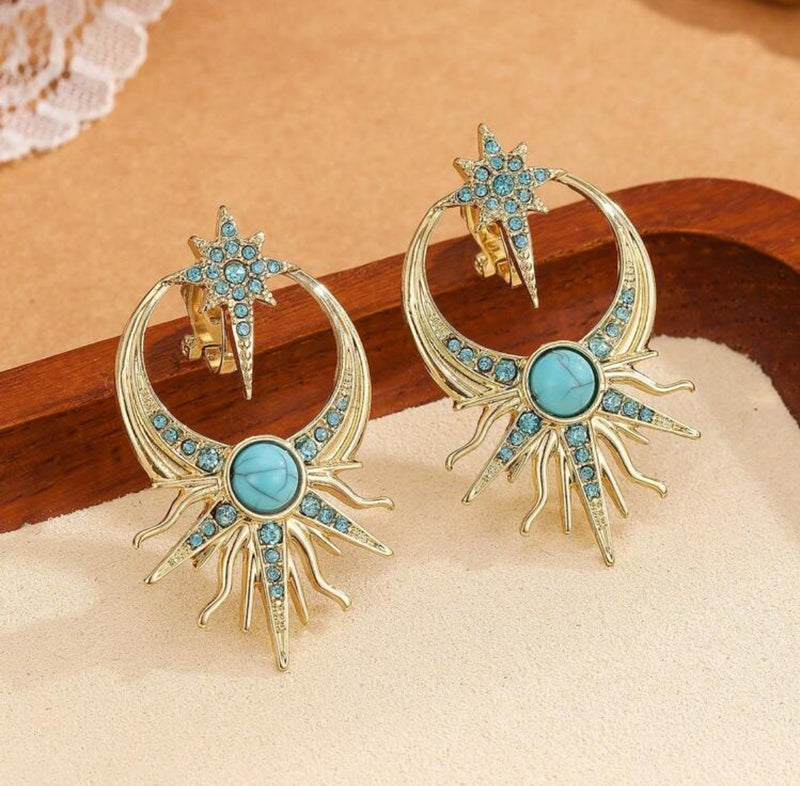 Clip on 1 3/4" gold and turquoise stone starburst earrings