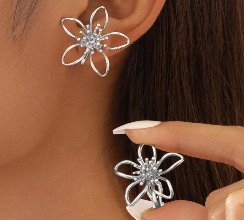 Clip on 1 1/4" silver cutout wire flower button style earrings