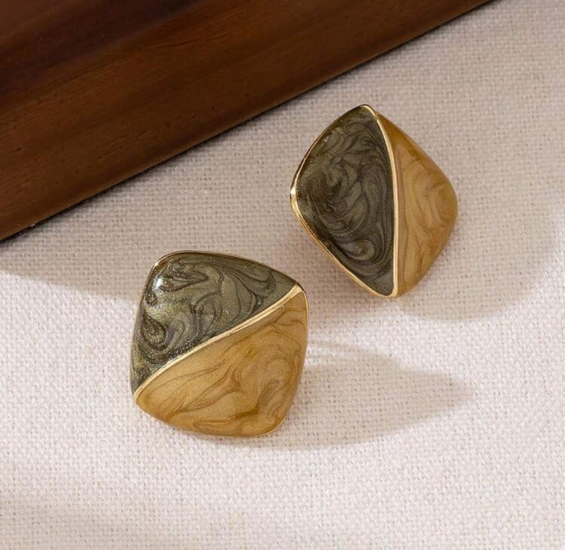 Clip on 1" gold and green square button style earrings