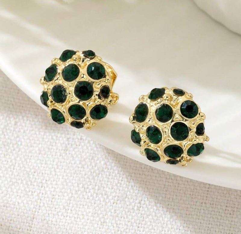 Clip on 3/4" gold and dark green stone cluster button style earrings