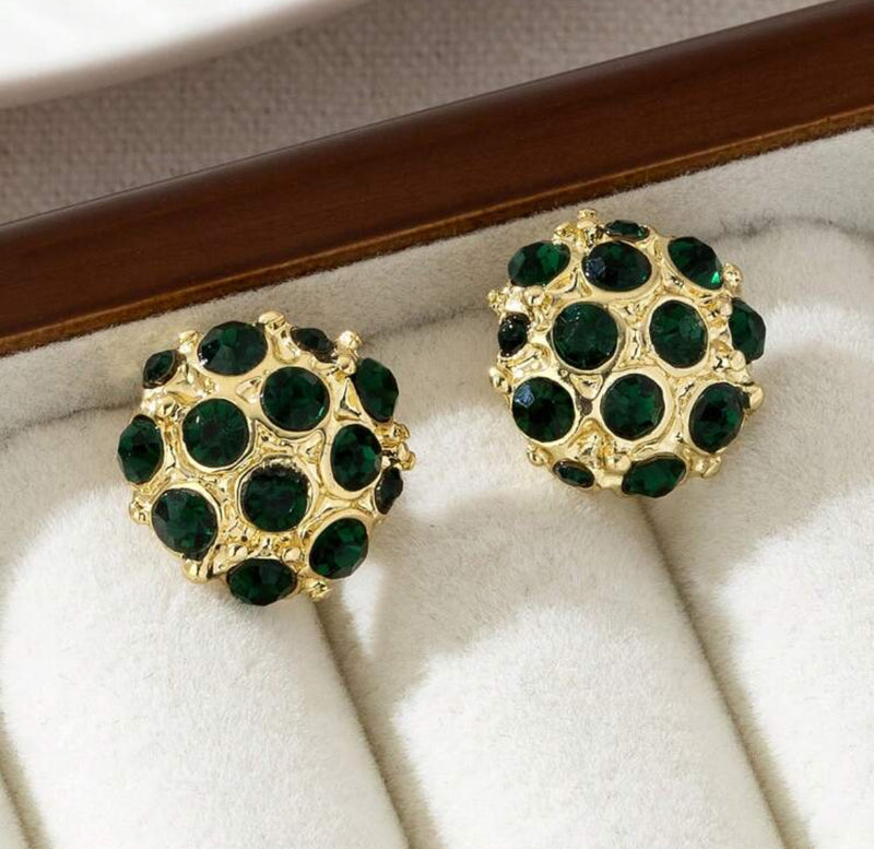 Clip on 3/4" gold and dark green stone cluster button style earrings