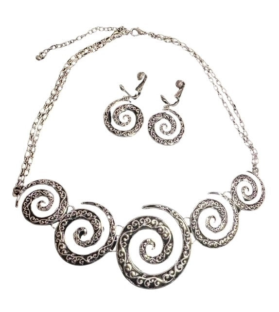 Clip on silver & black chain layered flower print swirl necklace and earring set