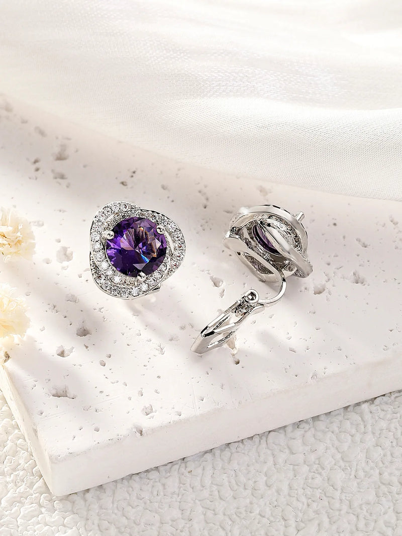 Clip on 1/2" small silver, clear and purple stone earrings