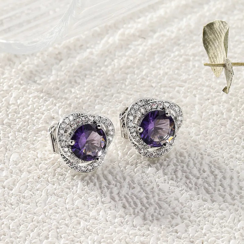 Clip on 1/2" small silver, clear and purple stone earrings