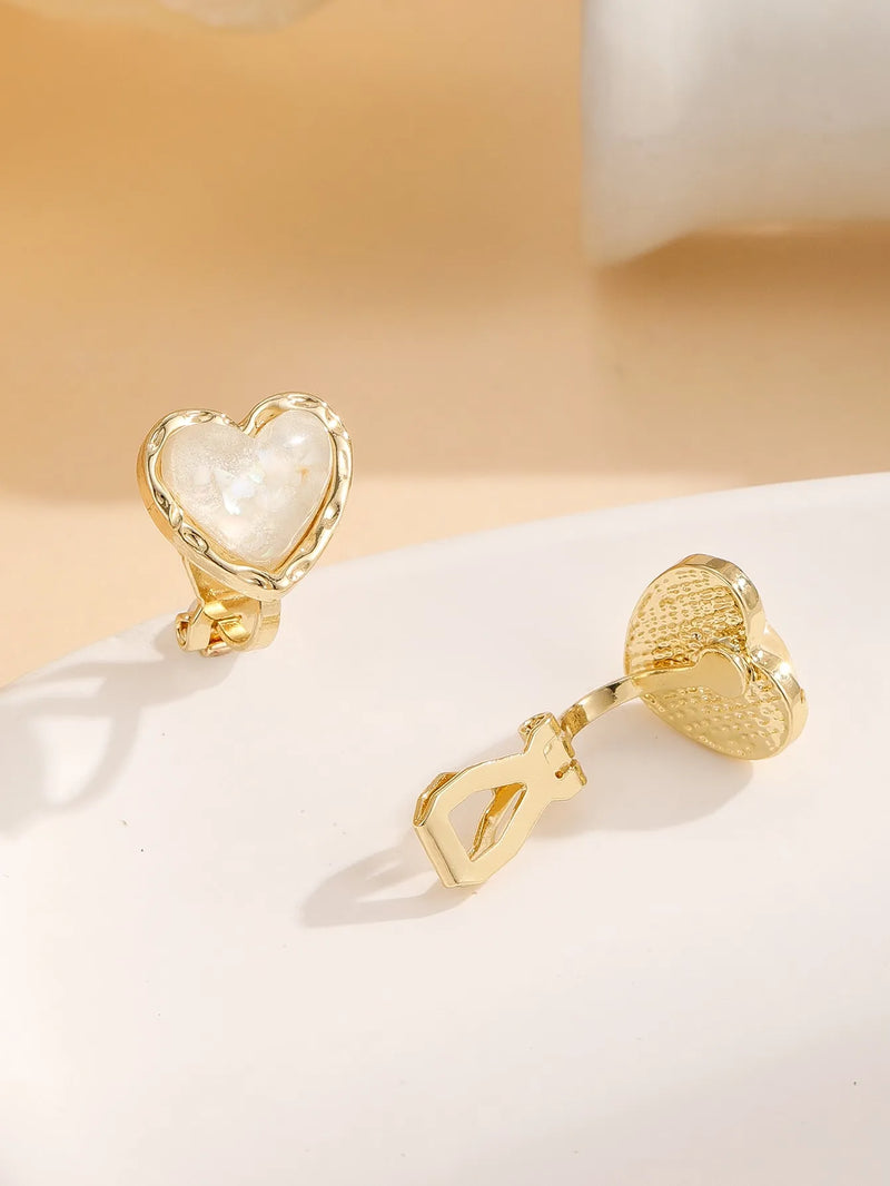 Clip on 1/2" small gold and white sparkle heart earrings