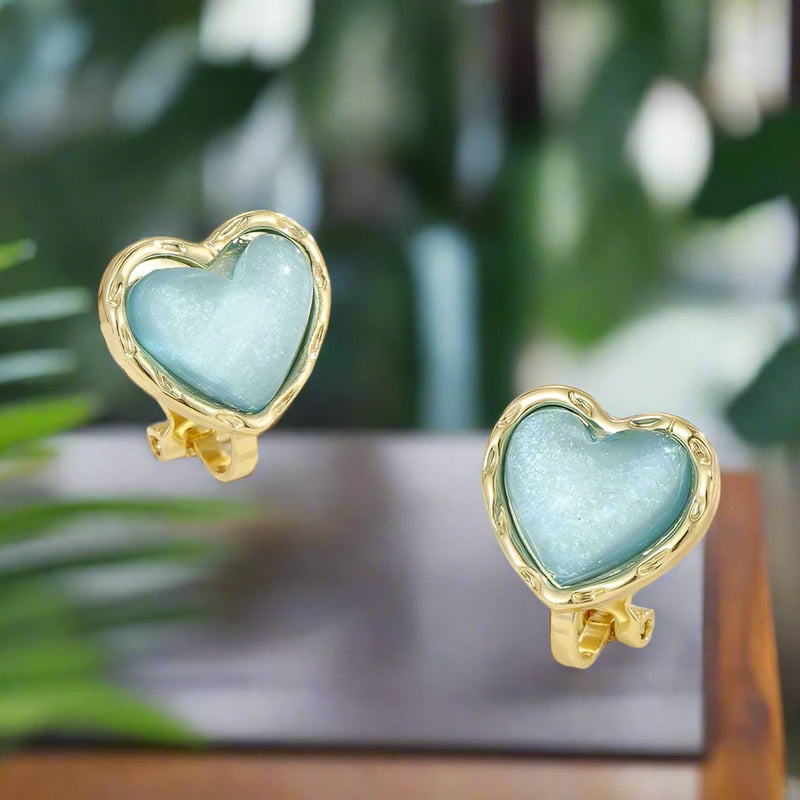 Clip on 1/2" small gold and blue sparkle heart earrings