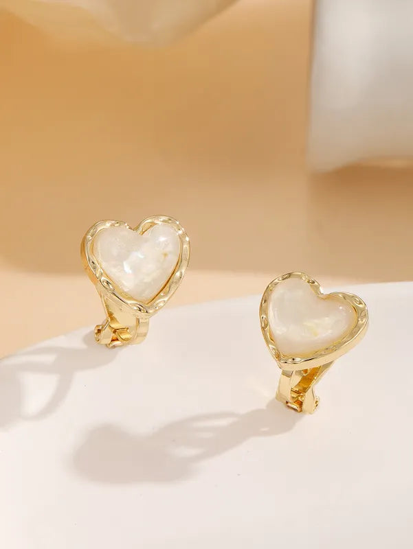 Clip on 1/2" small gold and white sparkle heart earrings