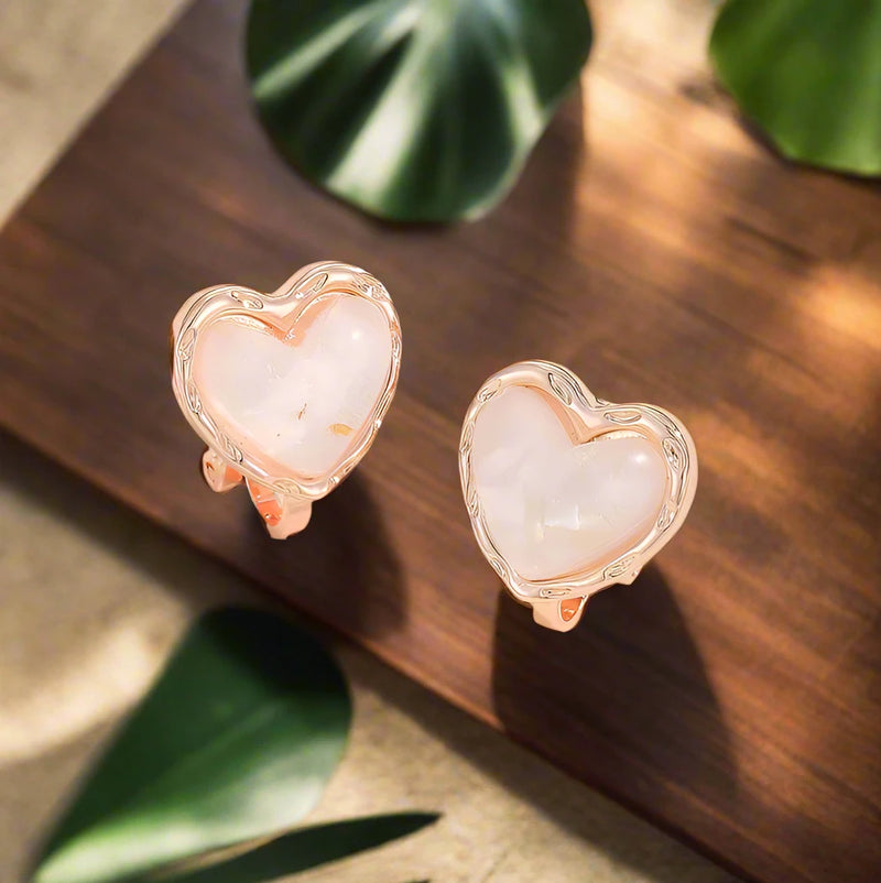 Clip on 1/2" small rose gold and white sparkle heart earrings