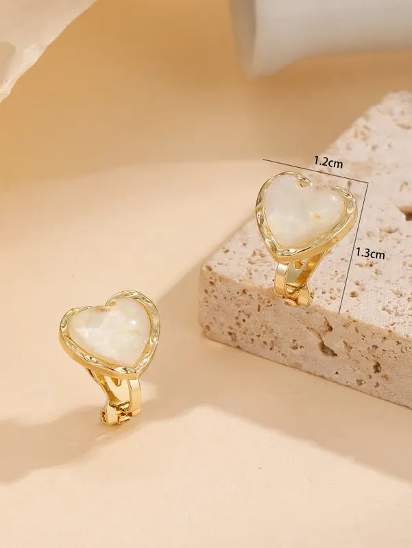 Clip on 1/2" small gold and white sparkle heart earrings