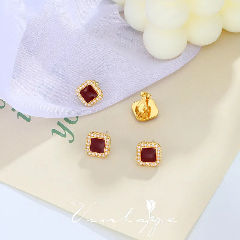 Clip on 1/2" Xsmall gold and white or burgundy earrings with tiny pearls