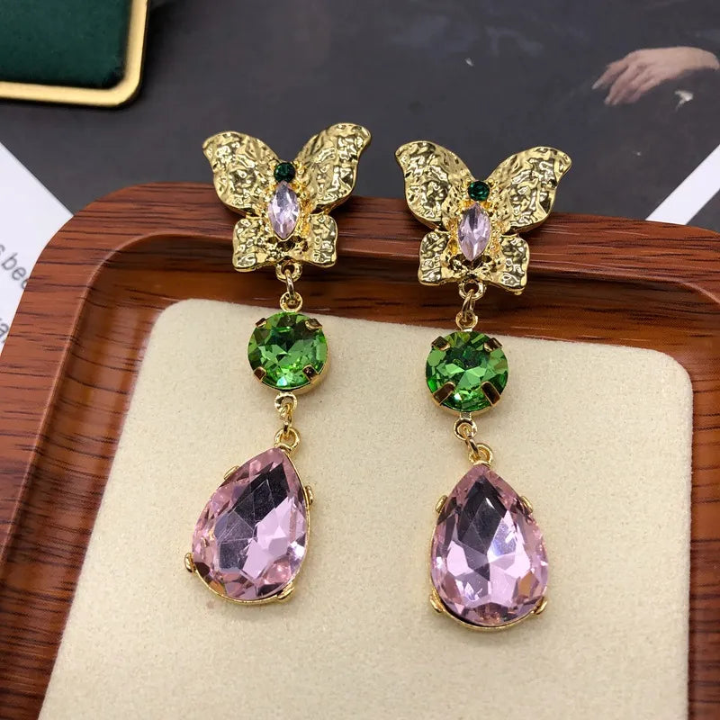 Vintage clip on 2 1/2" gold butterfly green and pink dangle earrings