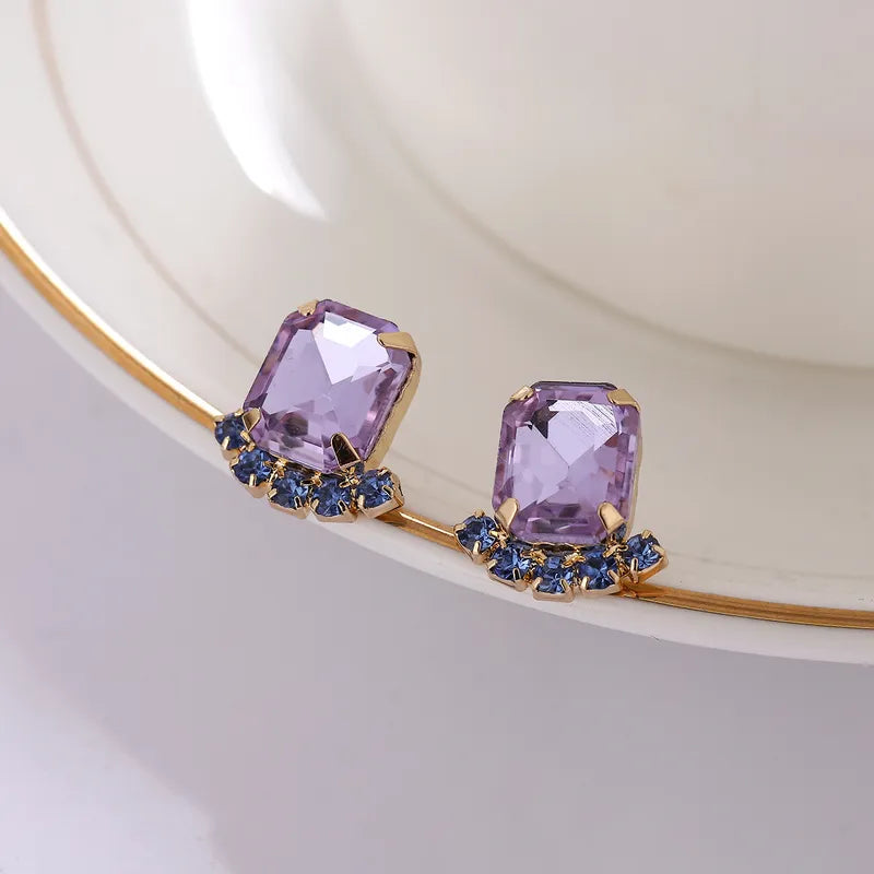 Clip on 1/2" small gold, purple and blue square stone earrings