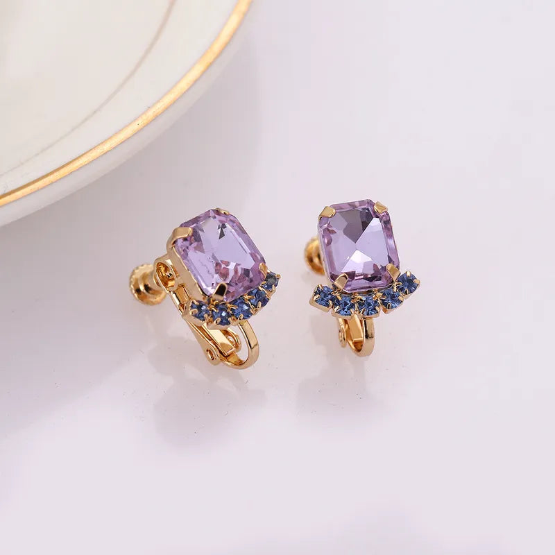 Clip on 1/2" small gold, purple and blue square stone earrings