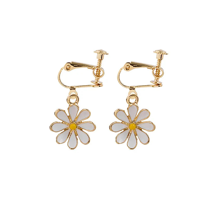 Clip on 1 1/4" gold screw back white & yellow flower earrings