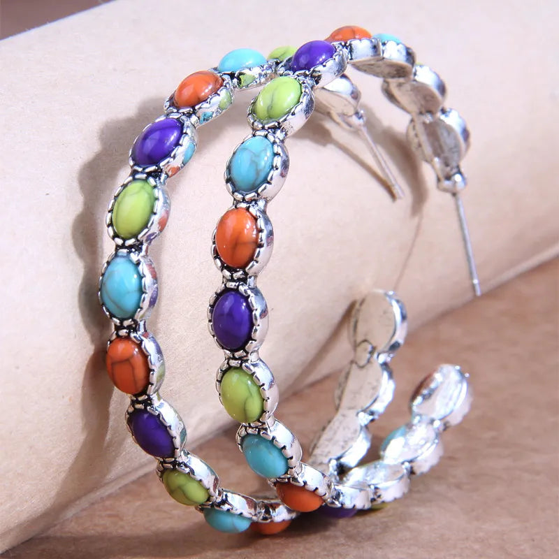 Western pierced 2" silver and turquoise multi colored stone hoop earrings