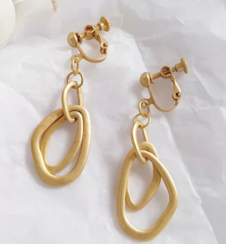 Clip on 2" matte gold dangle odd shape double hoop earrings