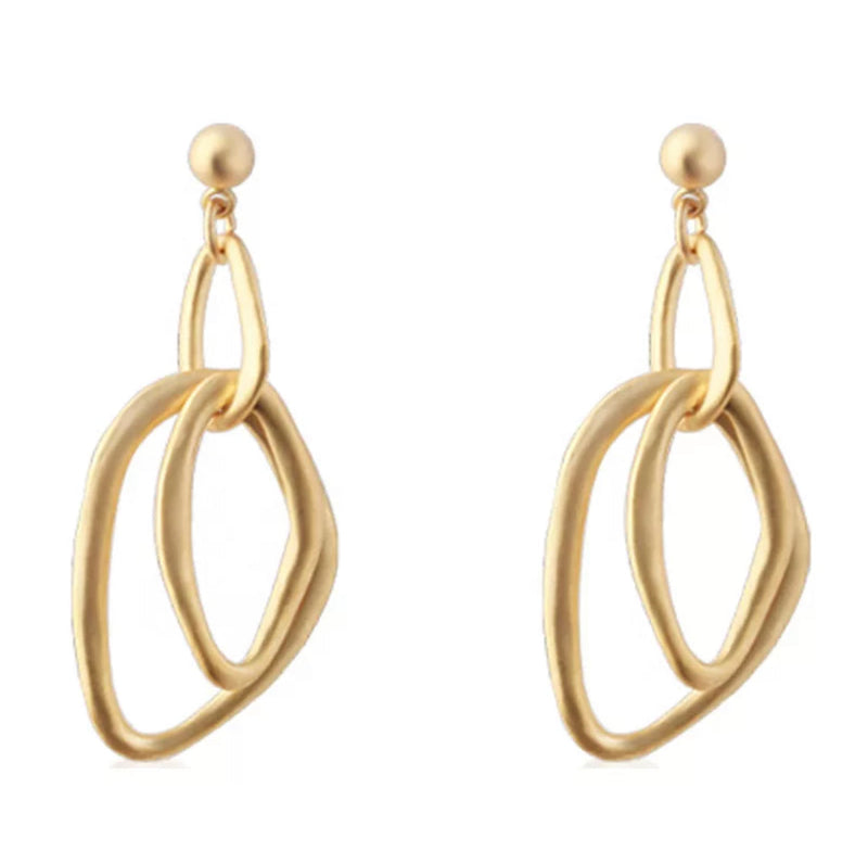 Clip on 2" matte gold dangle odd shape double hoop earrings