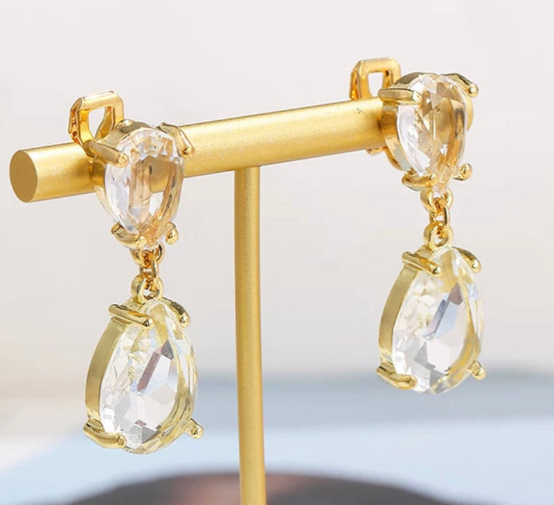 Classy clip on 1 1/2" yellow gold stone dangle teardrop earrings