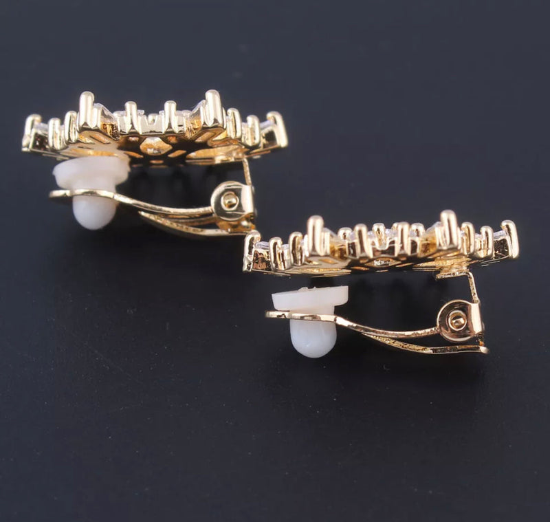 Clip on 1" silver or gold baguette cut clear stone snowflake earrings