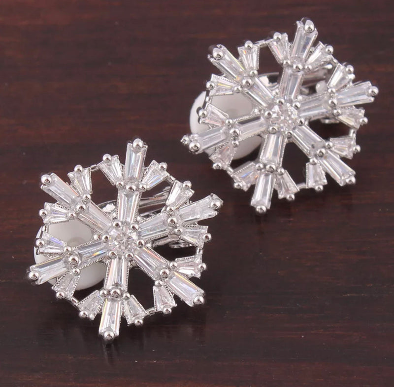Clip on 1" silver or gold baguette cut clear stone snowflake earrings