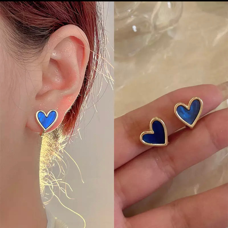 Clip on 1/2" small gold and blue shell heart button style earrings