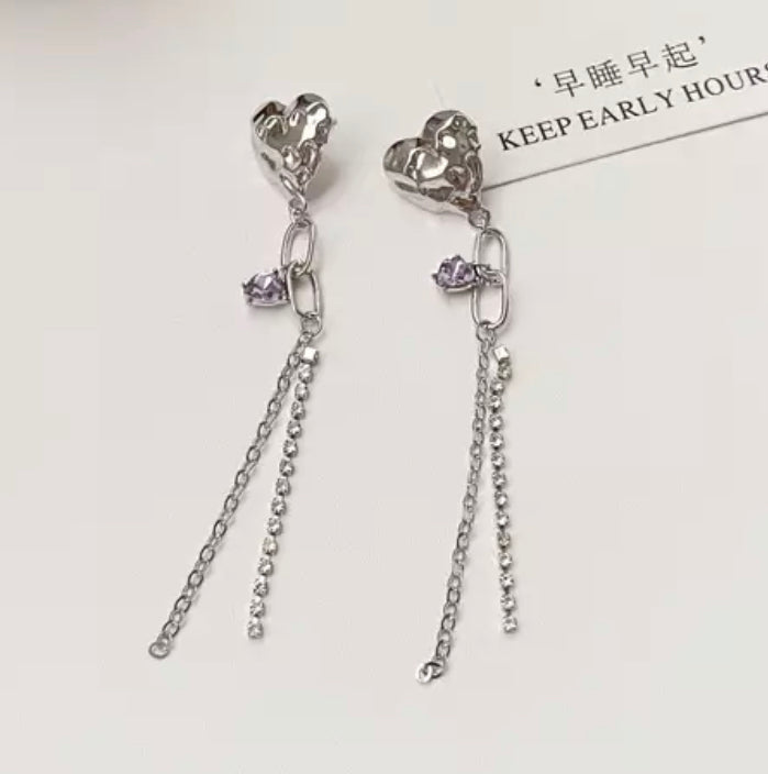 Clip on silver chain hammered heart earrings w/purple and clear stones
