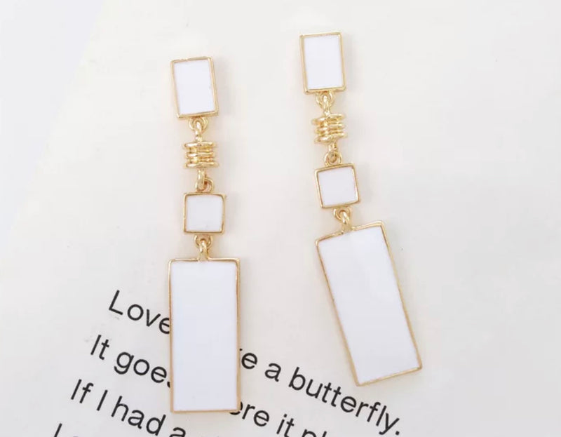 Clip on 2 1/2" gold, white or gold and black dangle three square earrings
